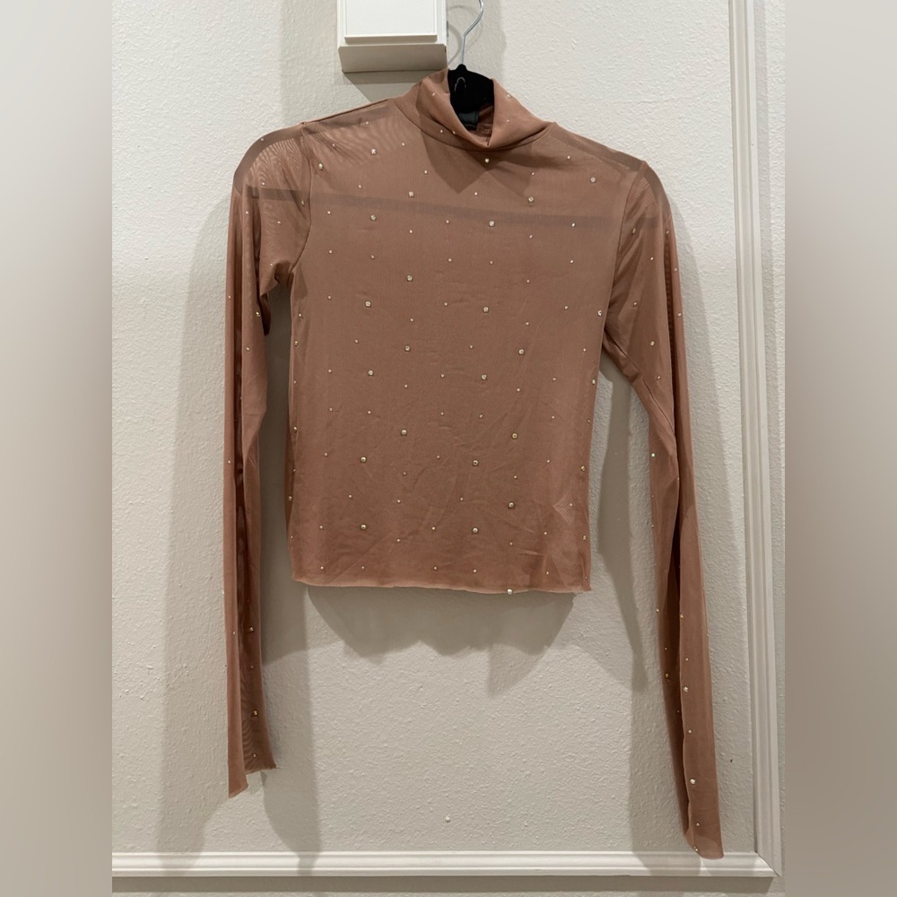 Wild Fable Women’s xxs Sheer Tan Long Sleeve Turtleneck Rhinestone Shirt